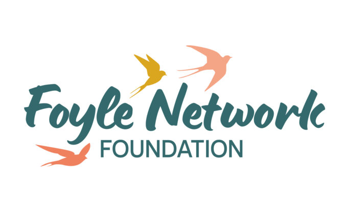 Logo with Teal Text reading "Foyle Network Foundation" Three swallows which are peach and mustard in colour fly around the logo.